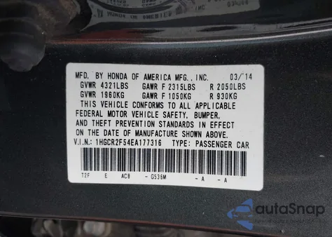 2014 Honda Accord Sport z USA, uszkodzony, nr VIN 1HGCR2F54EA177316